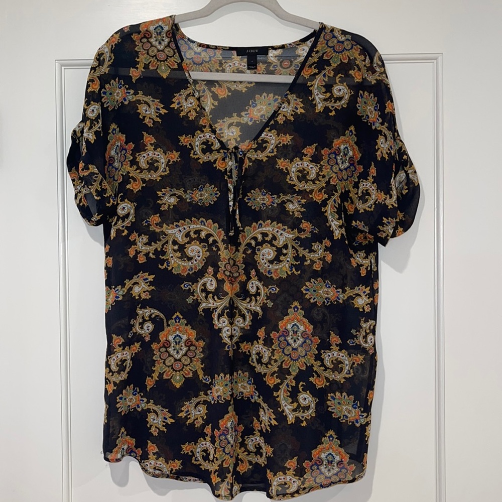 J. Crew sheer blouse XS black, blue orange, green, mustard yellow paisle…